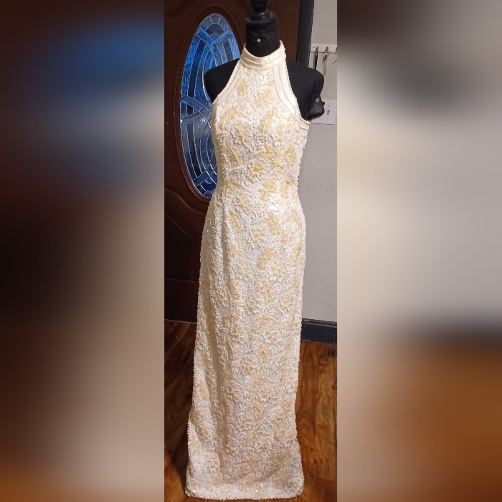 Sleeveless Halter Lace Maxi Dress in Ivory and Gold